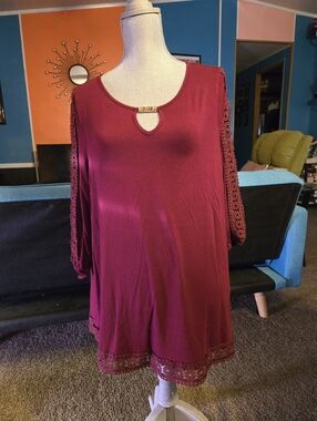 Indigo Rose US Plus Size 1X Top Shirt Tshirt Long Sleeve W Crochet Lace Sleeves
